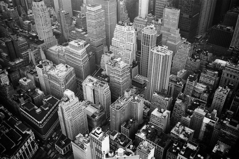 black and white photo of city overhead view