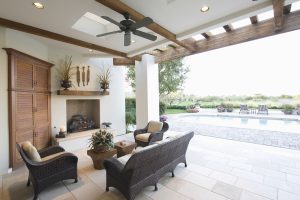 swimming pool with seating area in outdoors room